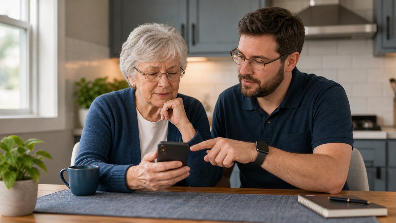 Older adult receiving patient help with a smartphone