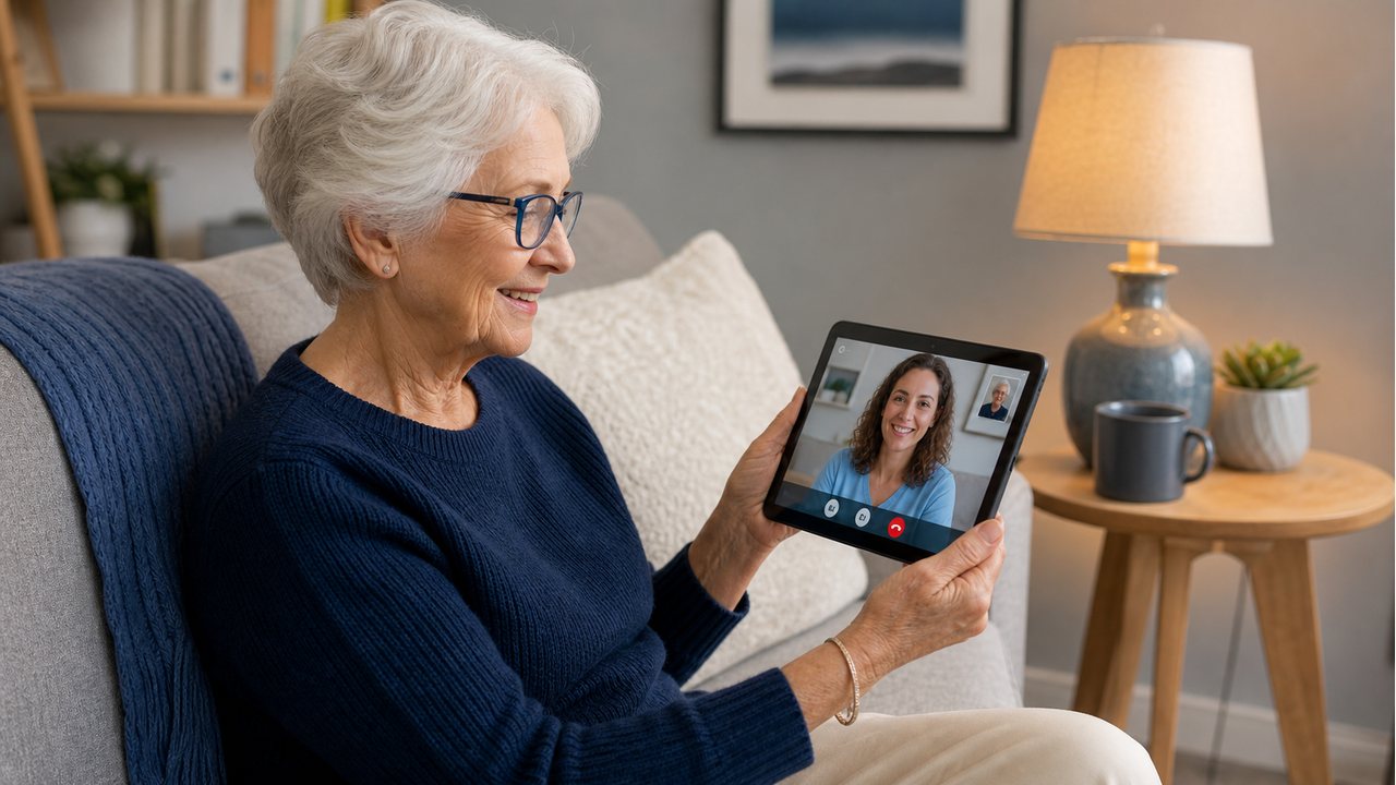 Older adult using a tablet for a video call